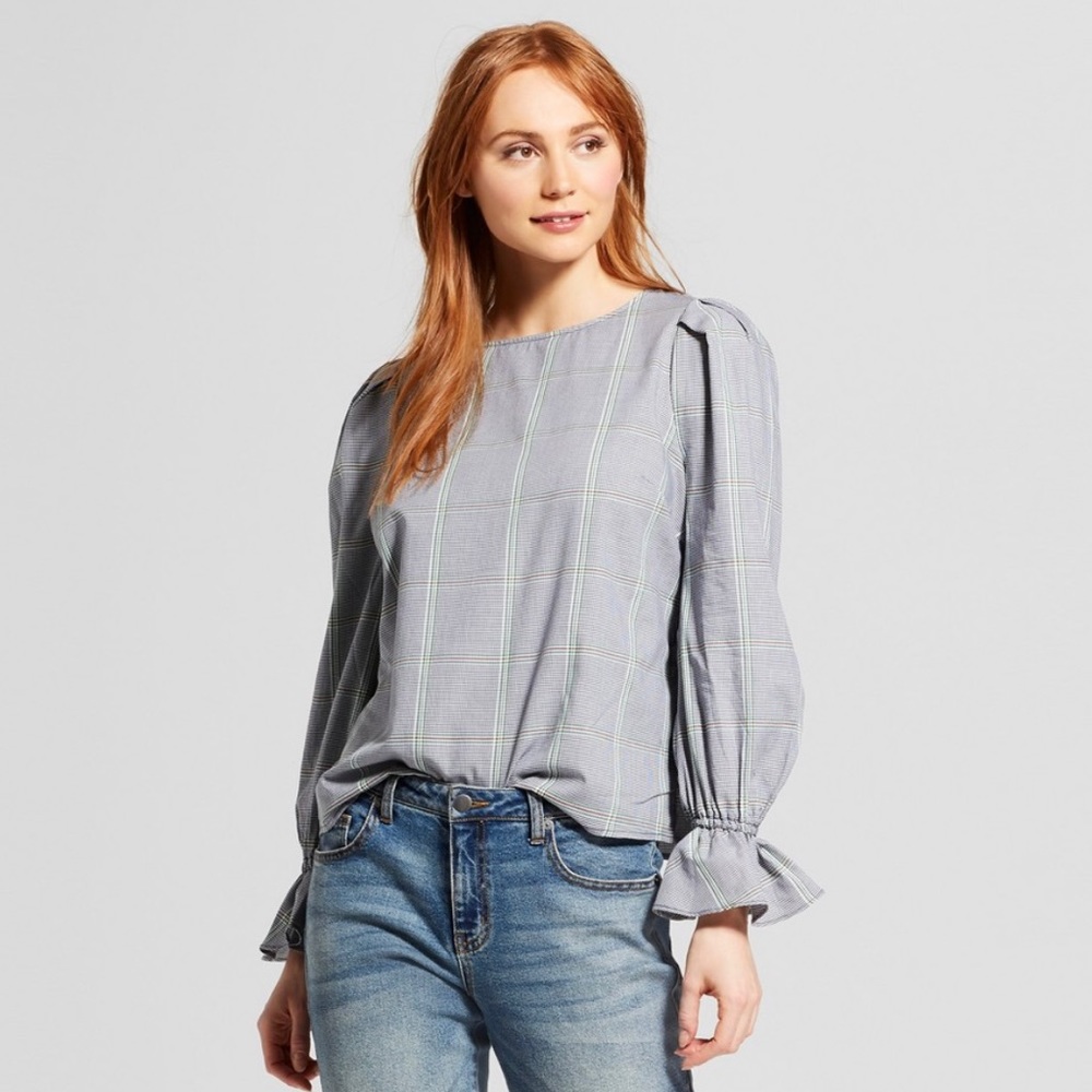 Who What Wear Plaid Puff Sleeve Top size M